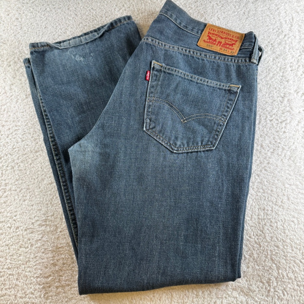 Levi's 559 Relaxed Straight Jeans Mens 34x32 Blue Good Distressed Denim